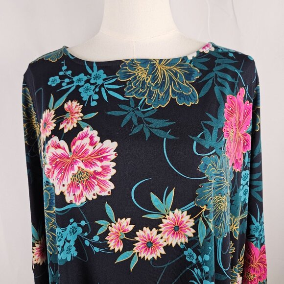 Susan Graver Tunic Top 1X Floral Long Sleeve Black Multicolor Stretchy - Picture 2 of 8